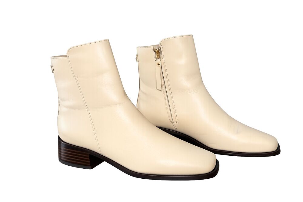 Sam Edelman Thatcher Ivory Leather Ankle Boots Square Toe Zip Block Heel 8M